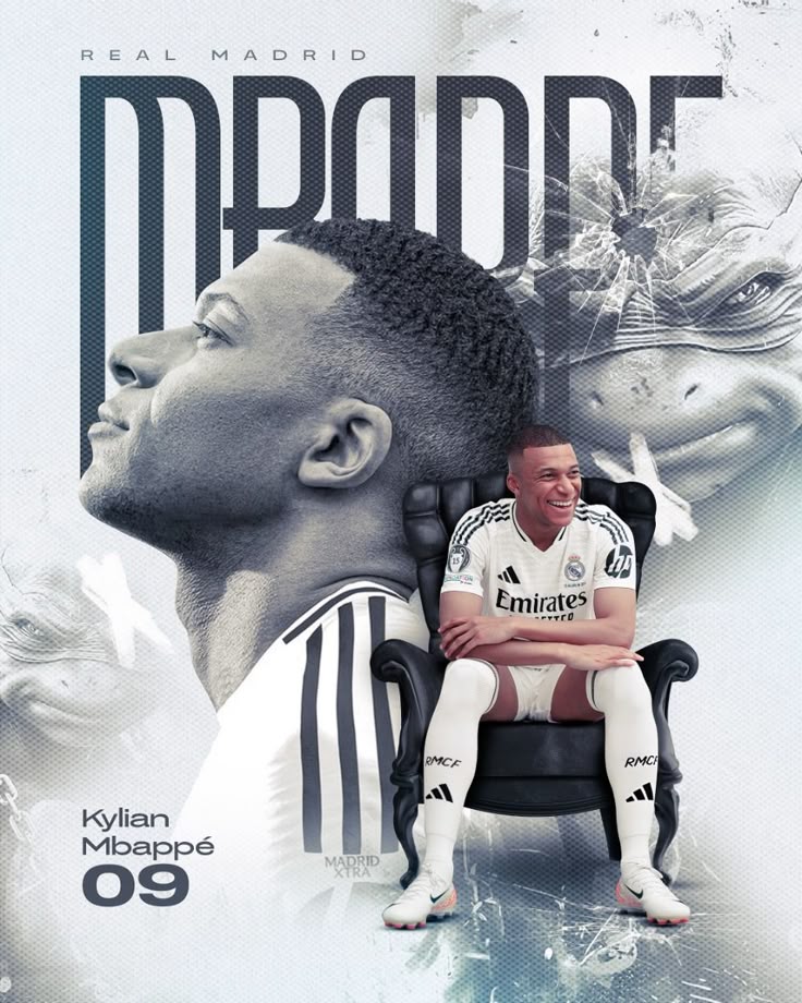 Soccer player sitting on a chair with 'Real Madrid' branding and text.