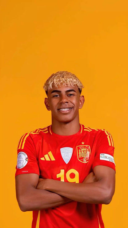 Person wearing a red sports jersey with a yellow background