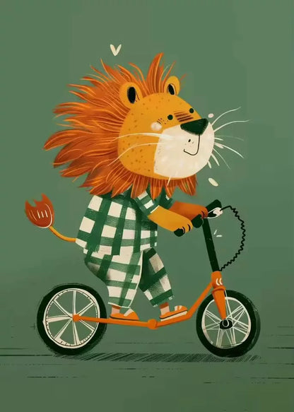 Illustration of a lion riding a scooter on a green background