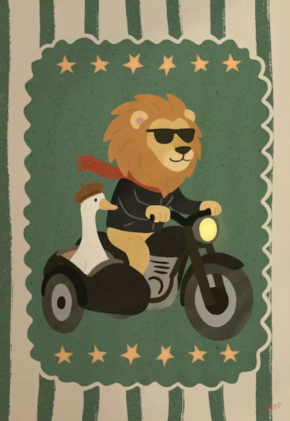 Illustration of a lion riding a motorcycle with a duck, framed with decorative elements and stars.