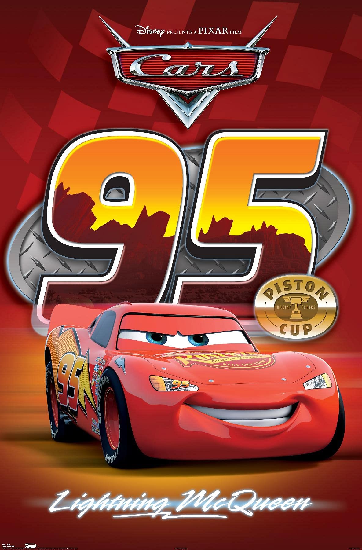 Promotional poster for Disney Pixar's 'Cars' featuring a red race car with '95' on a checkered background.