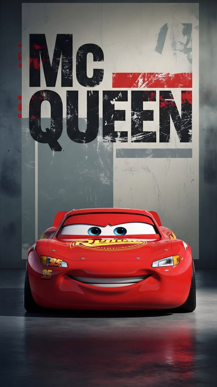 Red car with 'McQueen' text on a dark background