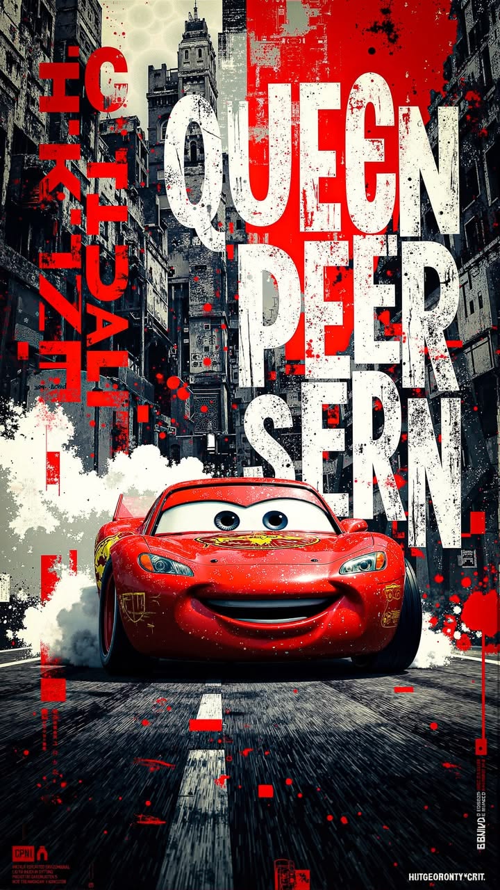 Red car on a city street with text overlay in a stylized font