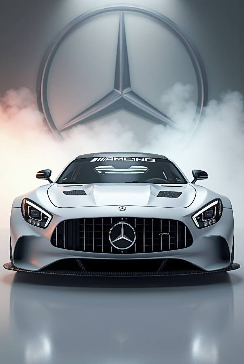 Mercedes-Benz car with a large logo in the background