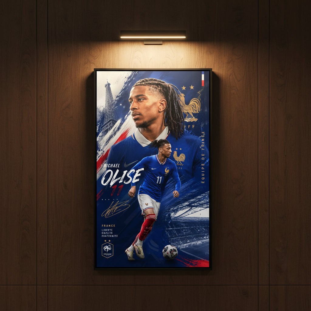 Soccer player in France jersey with Eiffel Tower and national emblem in background