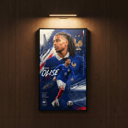 Soccer player in France jersey with Eiffel Tower and national emblem in background