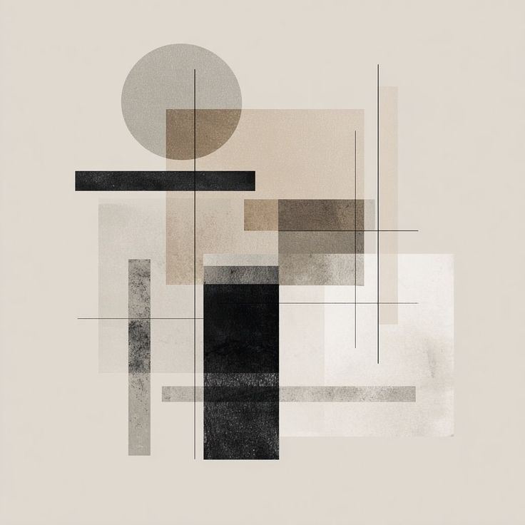 Abstract geometric design with shapes in black, gray, and beige on a beige background