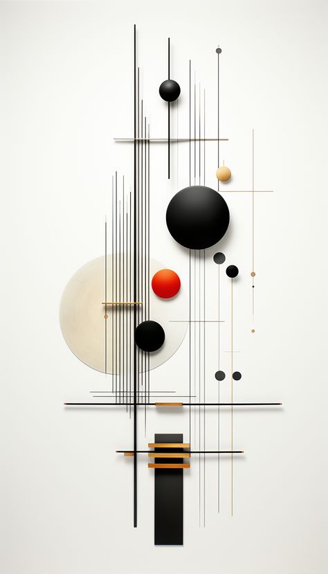 Abstract geometric design with black, white, red, and orange elements on a white background