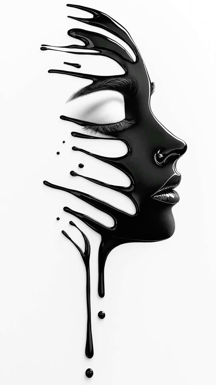 Black and white abstract art of a face with flowing lines