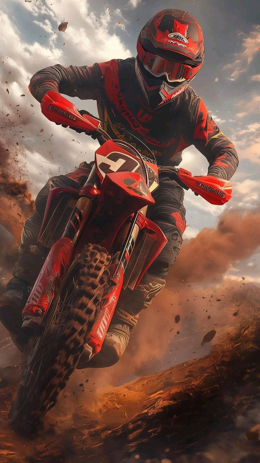 Motocross rider in action with a dramatic sky and dust cloud.