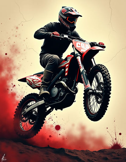 Motorcycle rider in mid-air with a red and black dirt bike against a red and beige background