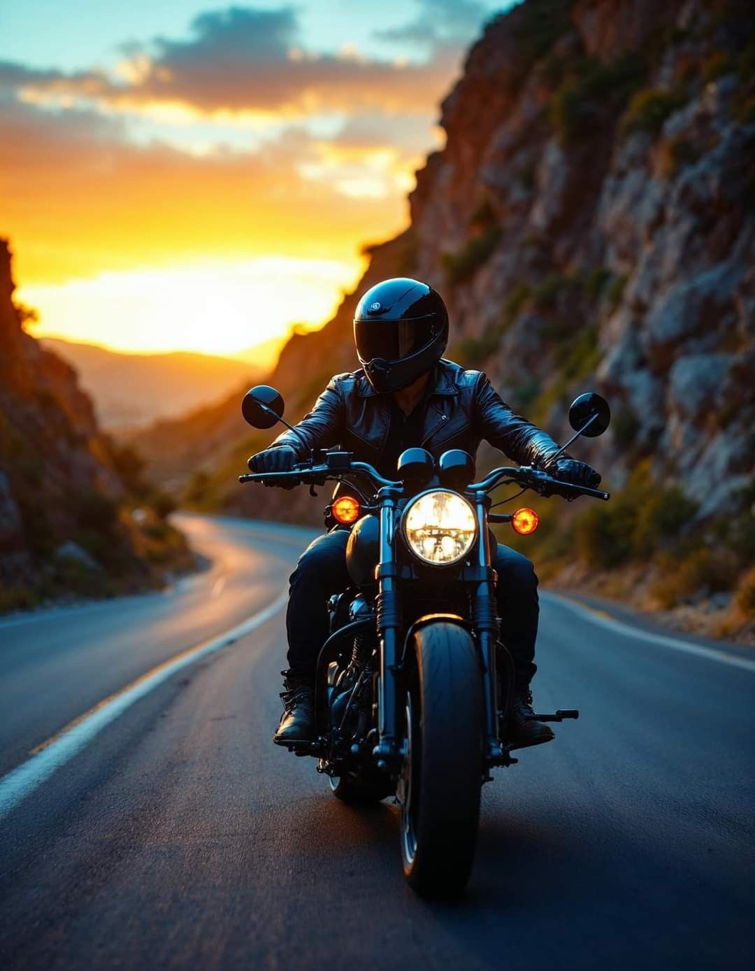 Motorcyclist on a winding road with a sunset in the background