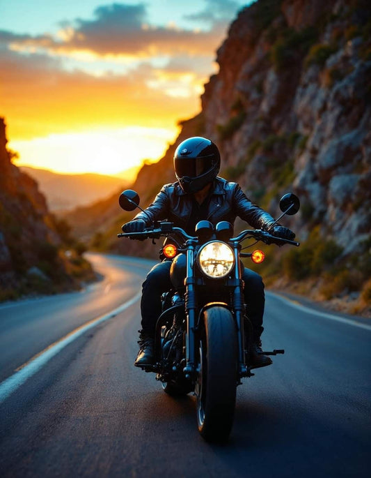 Motorcyclist on a winding road with a sunset in the background