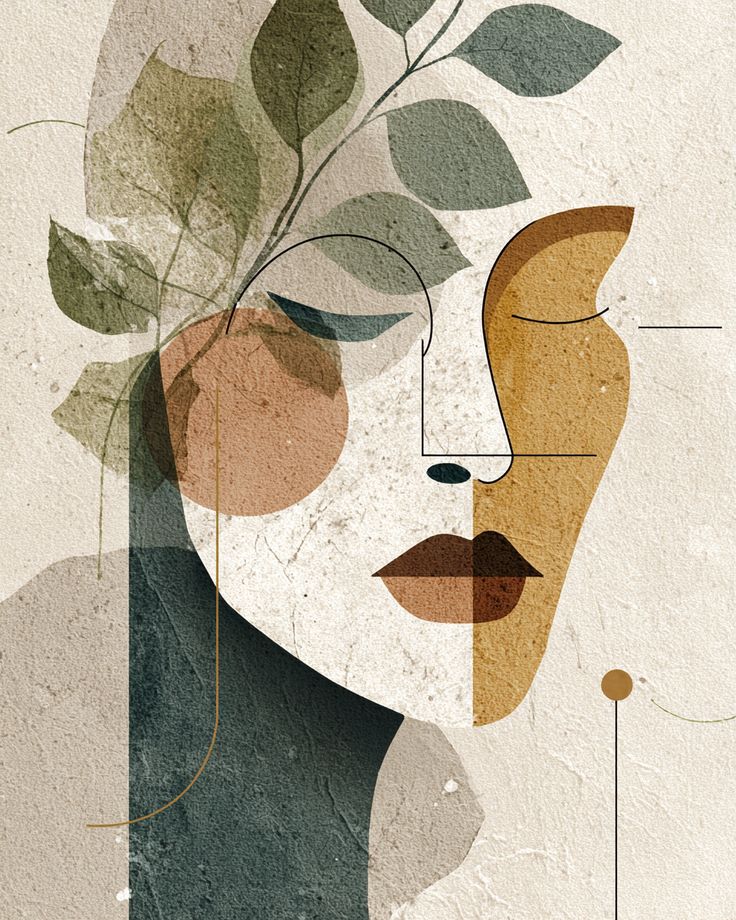 Abstract art of a face with leaves on a textured beige background