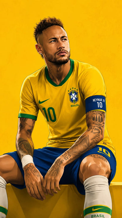 Person wearing a Brazil soccer jersey with a yellow background