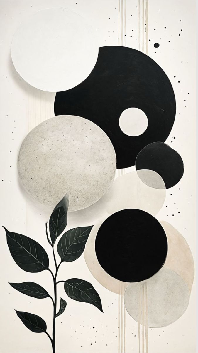 Black and white abstract circular design on a white background with leaf silhouette.