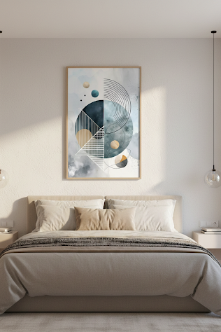 Modern bedroom with abstract wall art above a bed