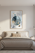Modern bedroom with abstract wall art above a bed