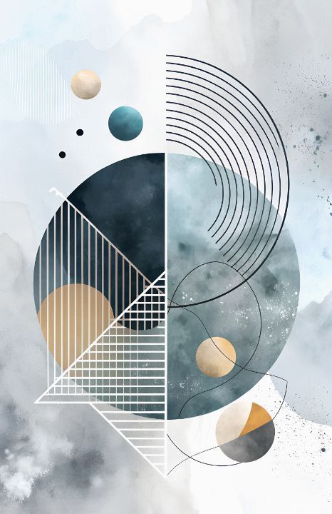 Abstract art piece with geometric shapes and lines on a textured background