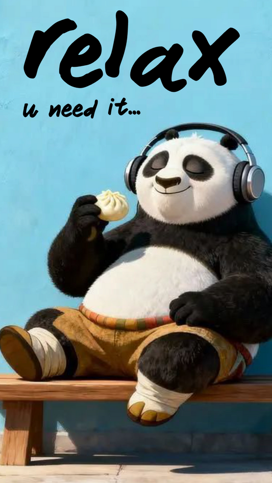Panda bear with headphones and ice cream sitting on a bench with 'relax u need it' text.