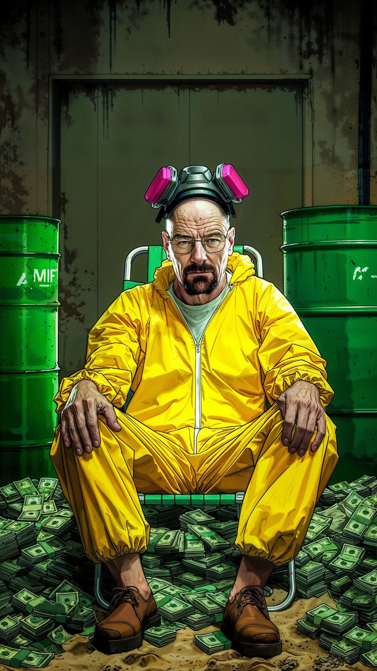 Person in yellow suit and goggles sitting on a chair surrounded by money, with green barrels in the background.