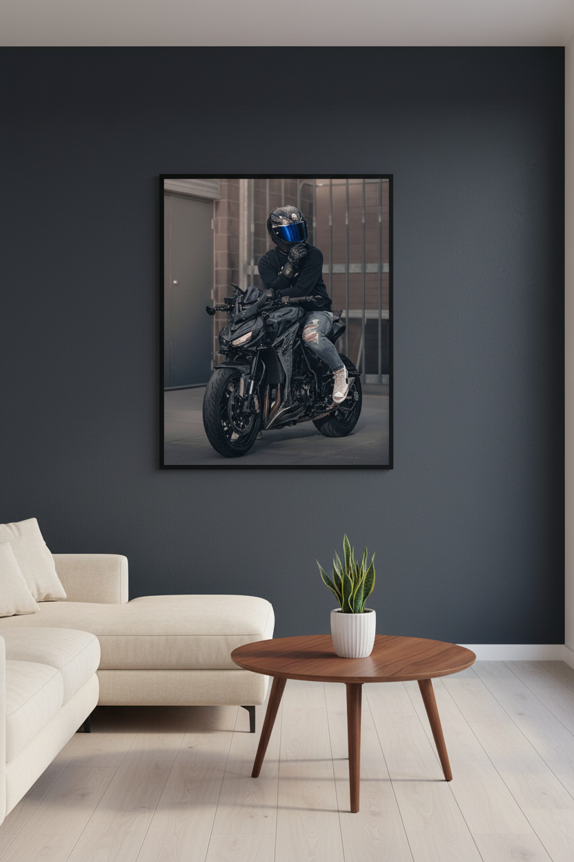 Framed photograph of a person on a motorcycle in a living room with a sofa and coffee table.