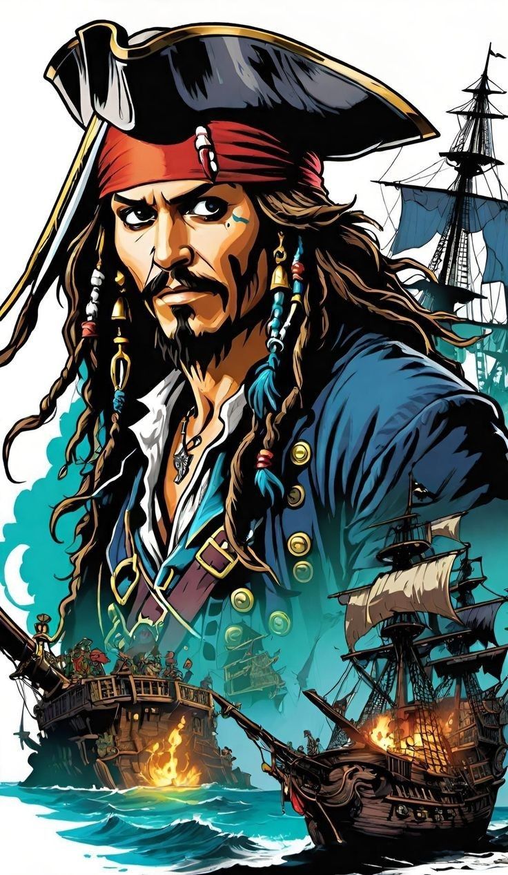 Cartoon pirate character with ships in the background