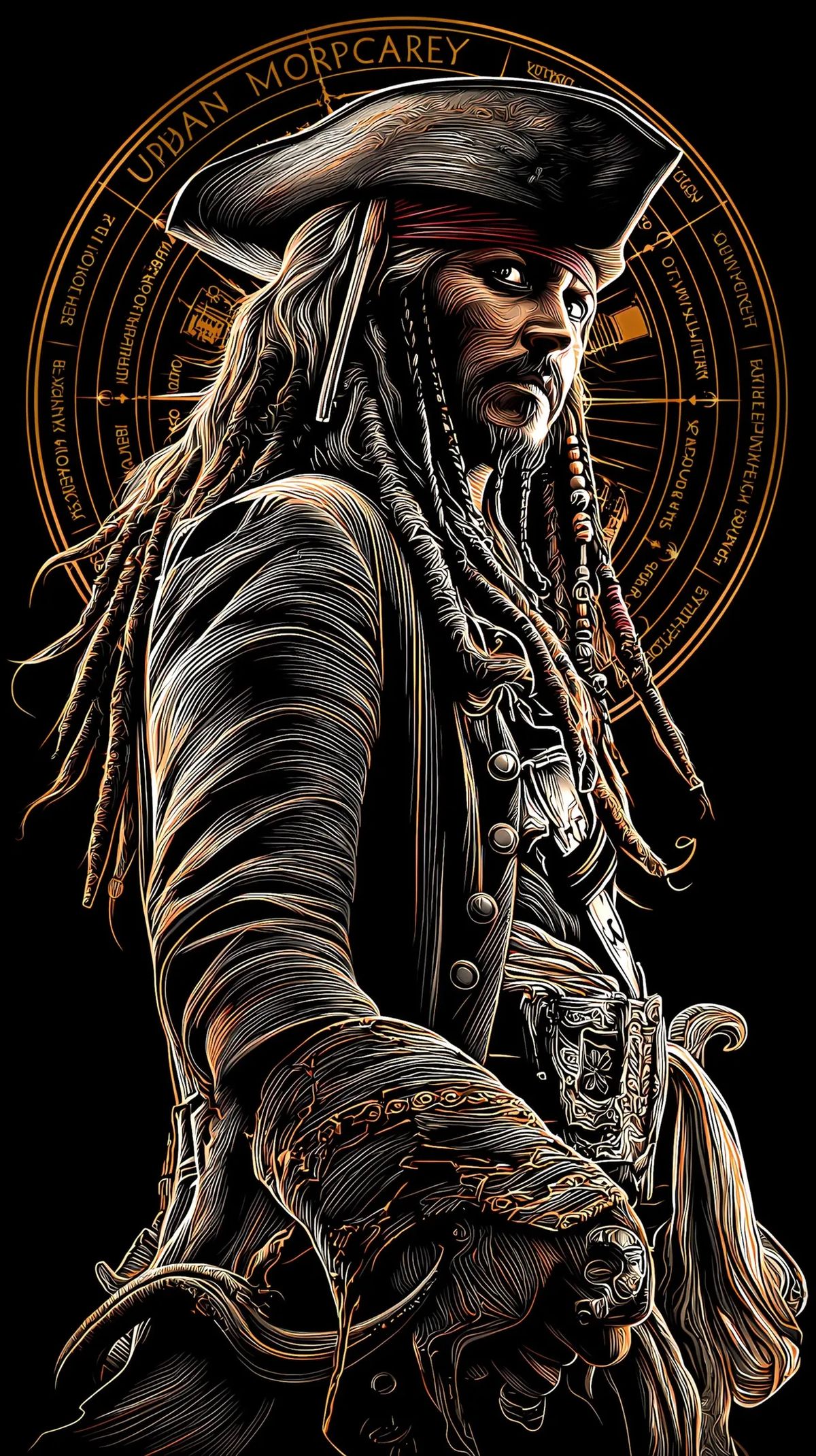 Illustration of a character with long hair and a hat against a dark background