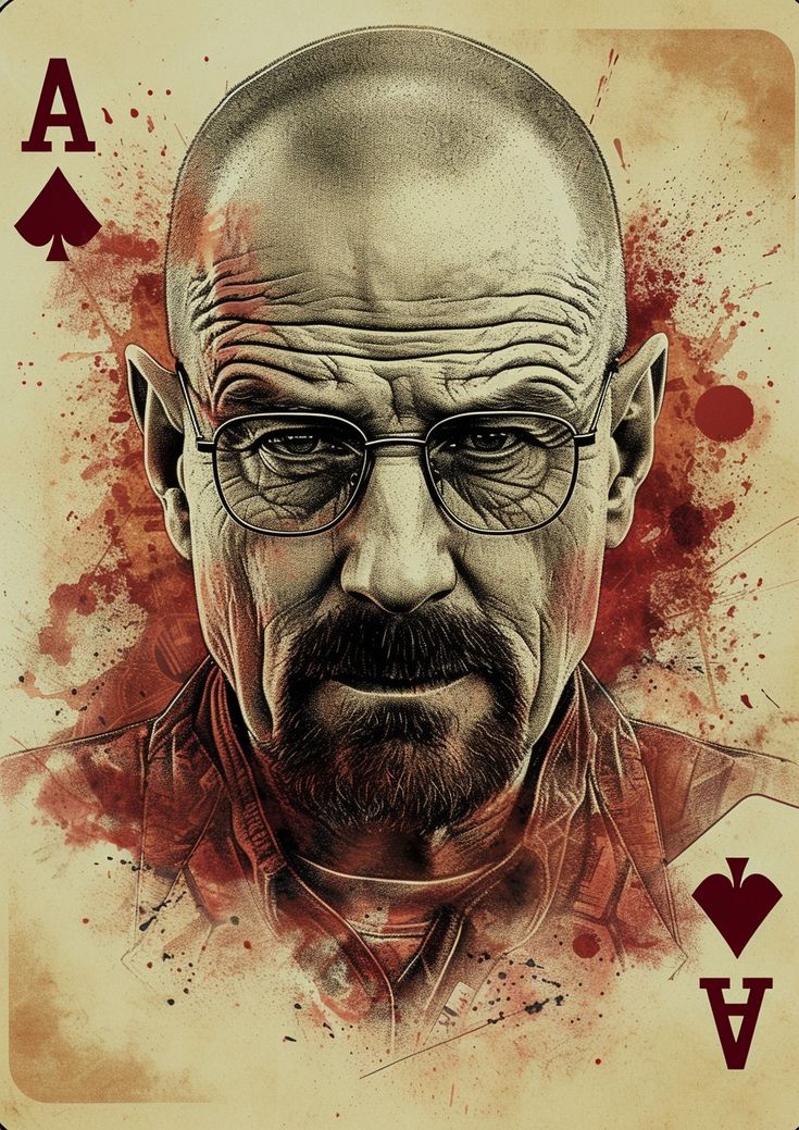 Playing card with an illustration of a bald man wearing glasses and a beard, resembling a character from a TV show, on a beige background.