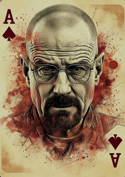 Playing card with an illustration of a bald man wearing glasses and a beard, resembling a character from a TV show, on a beige background.