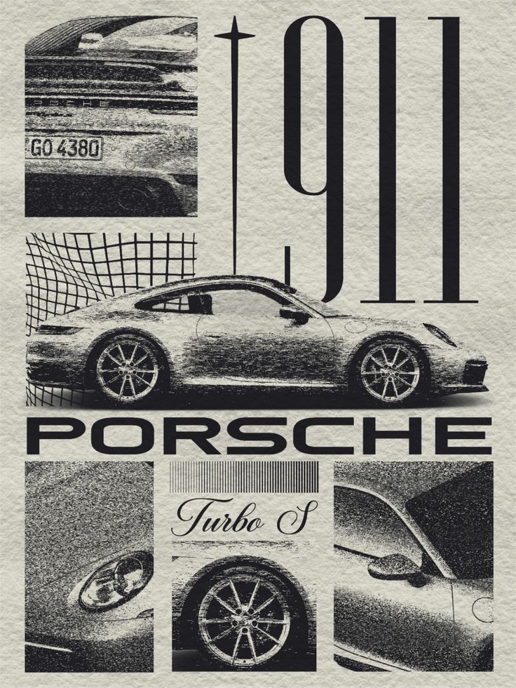 Collage of Porsche 911 Turbo S with text and car parts on a textured background