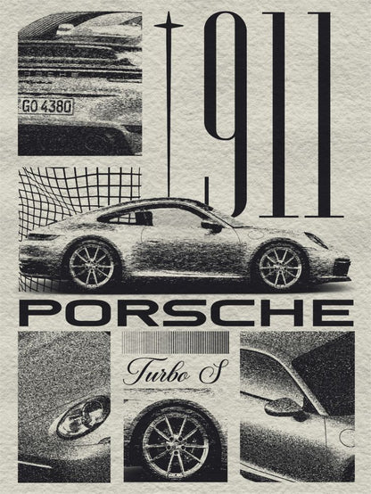 Collage of Porsche 911 Turbo S with text and car parts on a textured background
