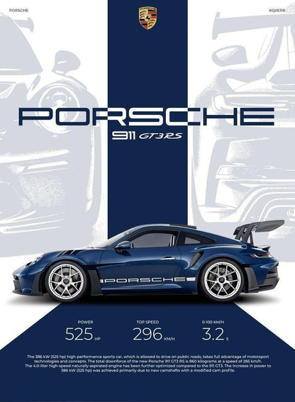 Porsche 911 GT3 RS car with Porsche logo and specifications on a blue and white background