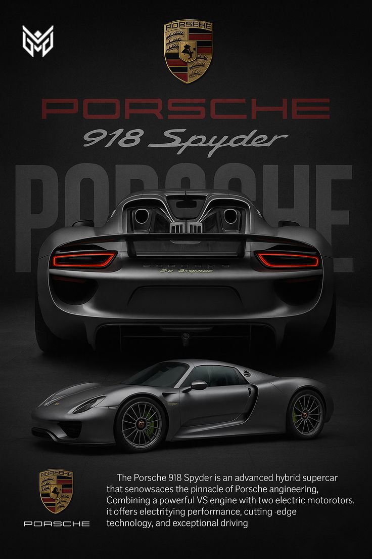 Porsche 918 Spyder car on a dark background with Porsche logo.
