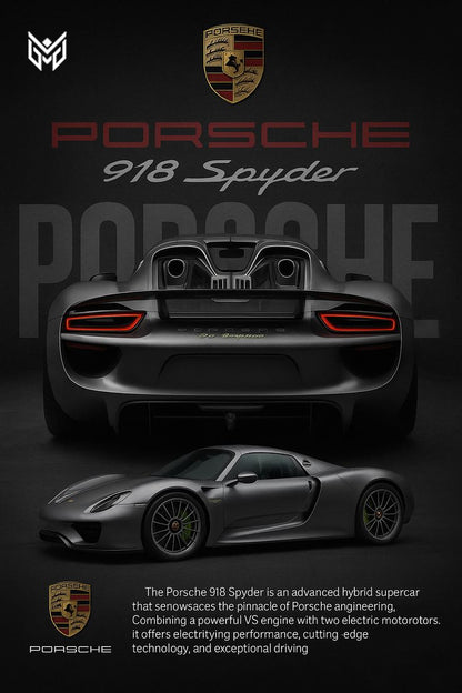Porsche 918 Spyder car on a dark background with Porsche logo.