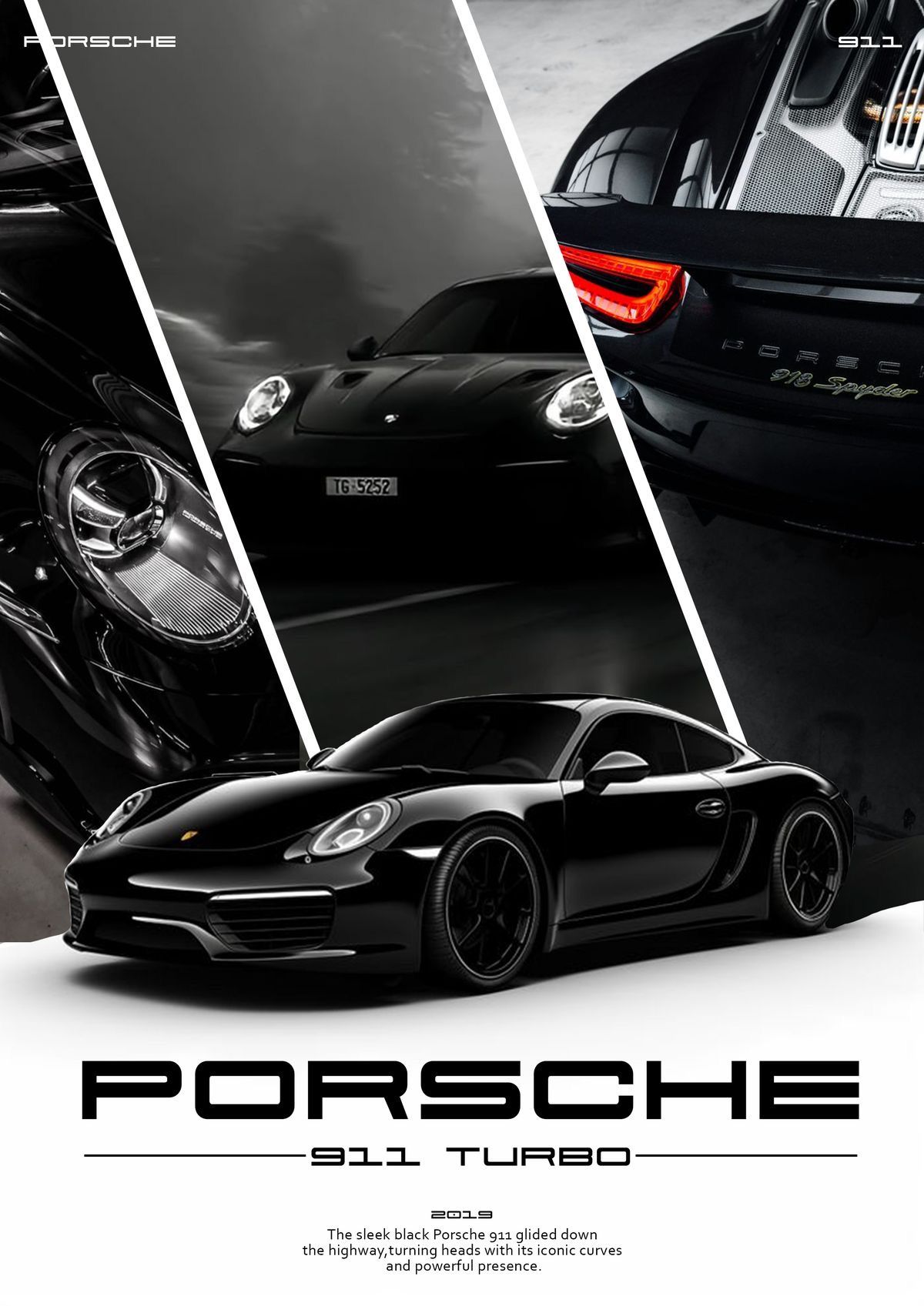 Black Porsche 911 Turbo car with a split background showing close-up details.