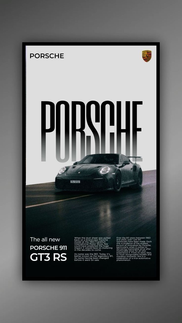 Porsche poster featuring a black Porsche 911 GT3 RS on a white background with Porsche logo.