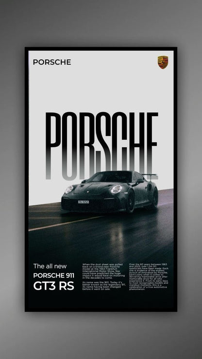Porsche poster featuring a black Porsche 911 GT3 RS on a white background with Porsche logo.