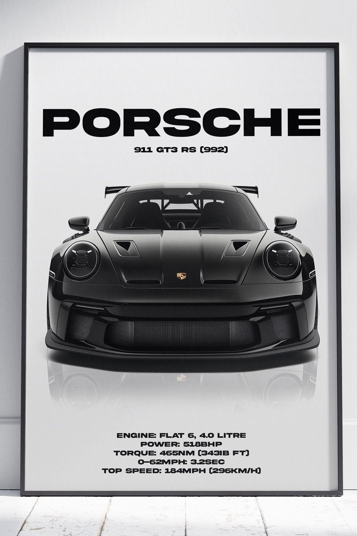 Framed poster of a Porsche 911 GT3 RS with technical specifications on a white wall.