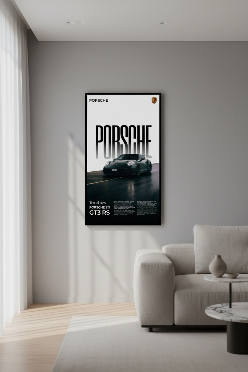 Porsche poster on a wall in a modern living room