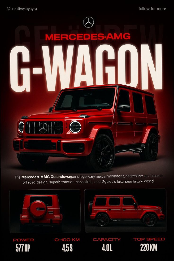 Red Mercedes-AMG G-Wagon on a dark background with promotional text.