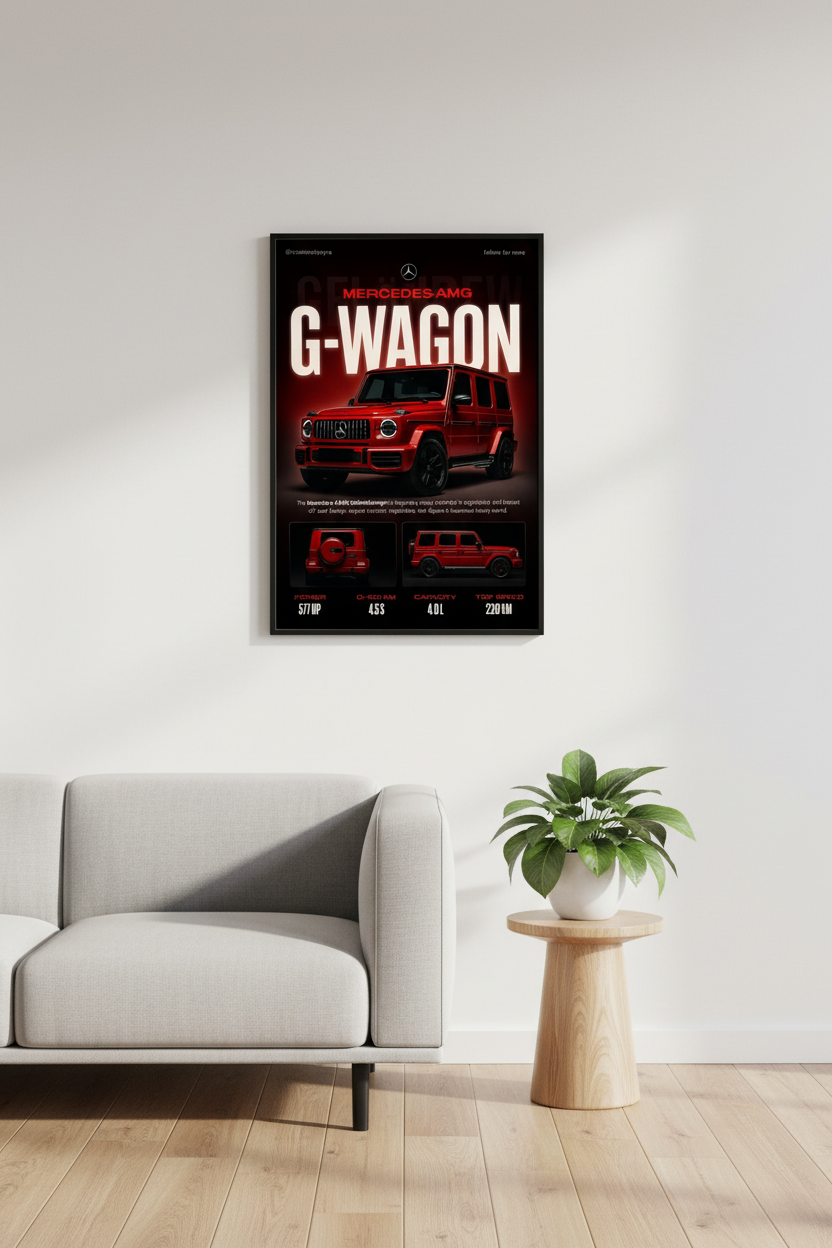 Red Mercedes-AMG G-Wagon on a dark background with promotional text.
