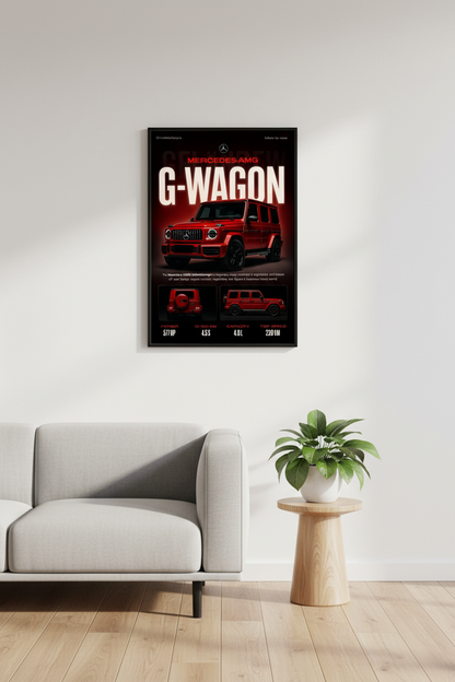 Red Mercedes-AMG G-Wagon on a dark background with promotional text.