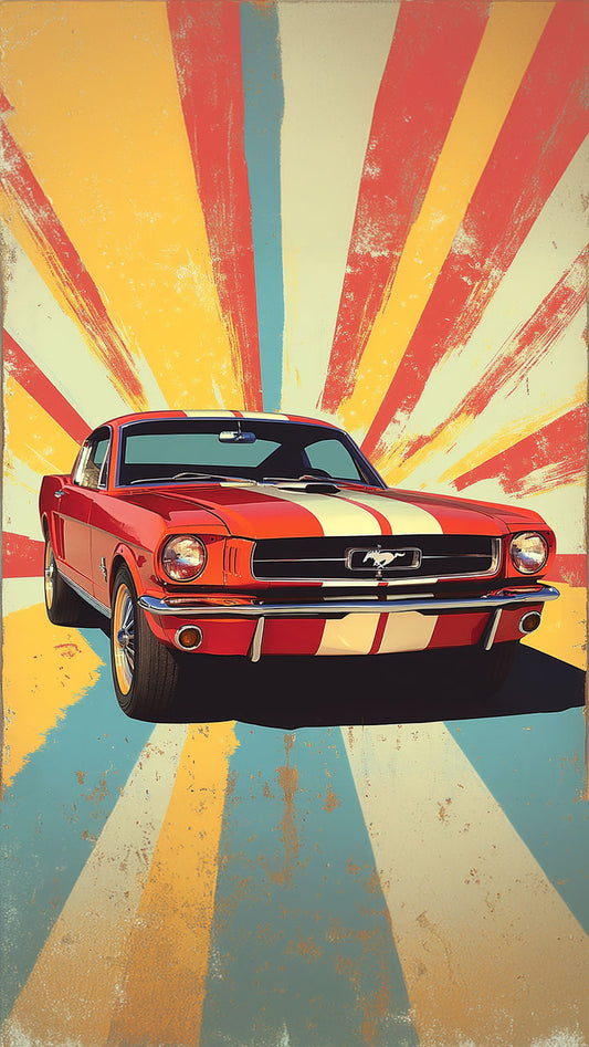 Vintage-style poster of a red Mustang with a sunburst background