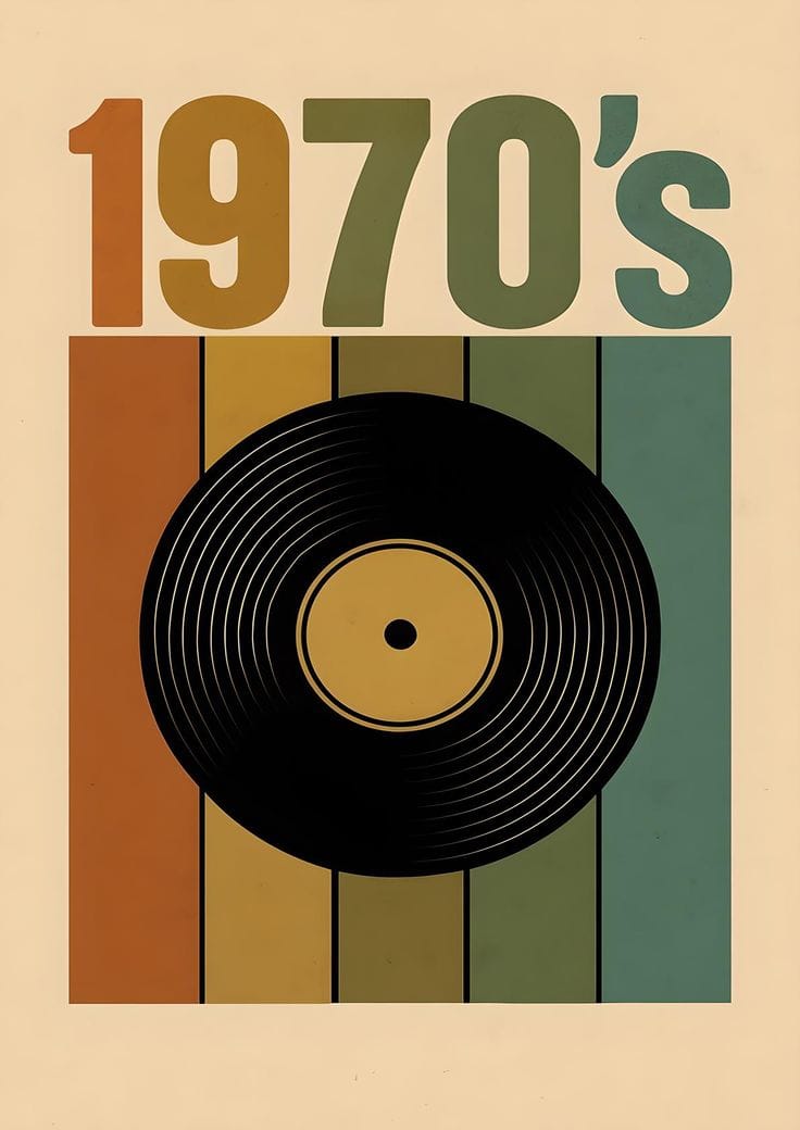 Poster with '1970's' text and a vinyl record on a striped background
