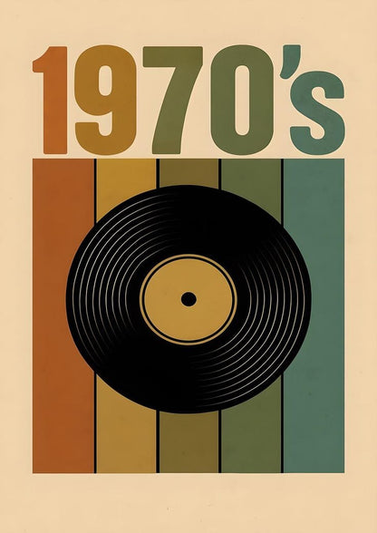 Poster with '1970's' text and a vinyl record on a striped background