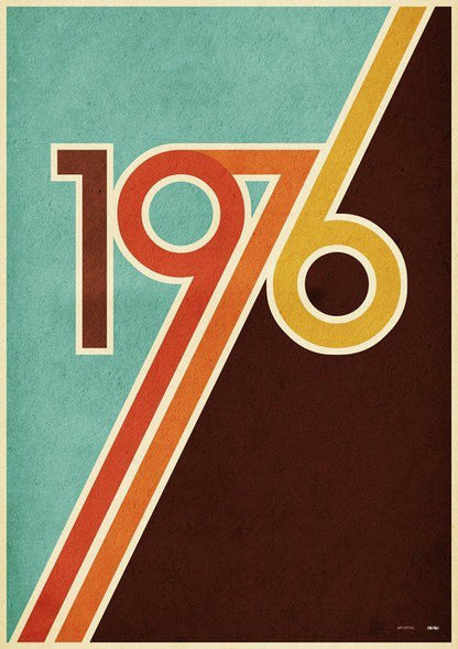 Vintage-style poster with the number '1976' on a diagonal split background.