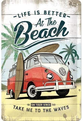 Vintage-style sign with a red Volkswagen van, surfboard, and beach text.