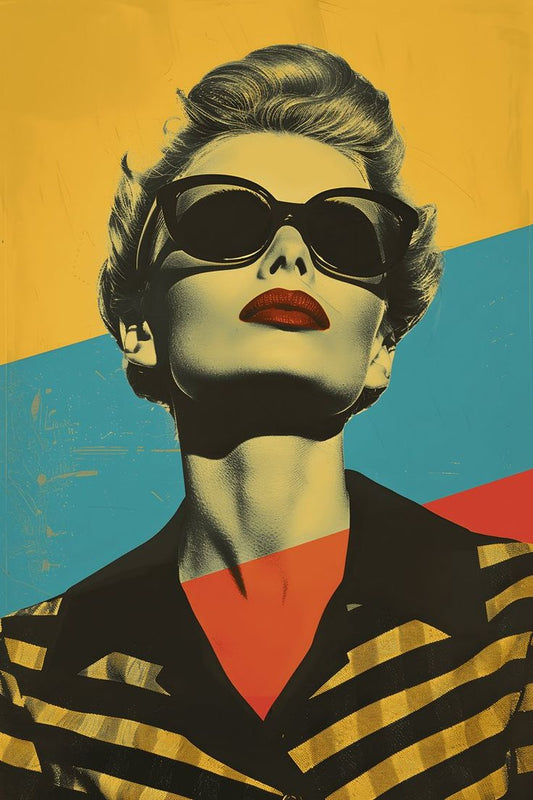 Surreal portrait of a woman wearing sunglasses with a stylized background.