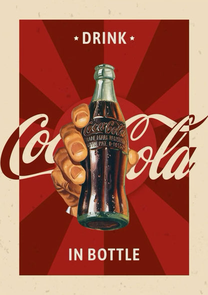 Vintage-style Coca-Cola advertisement with a hand holding a bottle against a red background